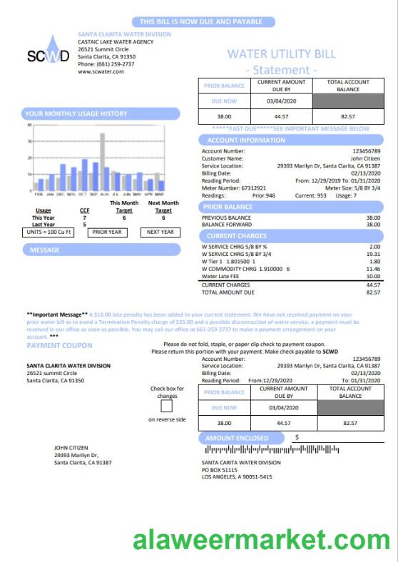 USA California Santa Clarita Water Division (SCWD) utility bill template in Word and PDF format